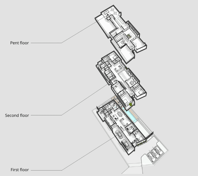 Axonometric view of 3 floors and 5 bedroom contemporary duplex development at Cowrie Creek Estate